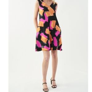 ^Joseph Ribkoff Black Orange Pink Geometric Sleeveless V-Neck Jersey Swing Dress